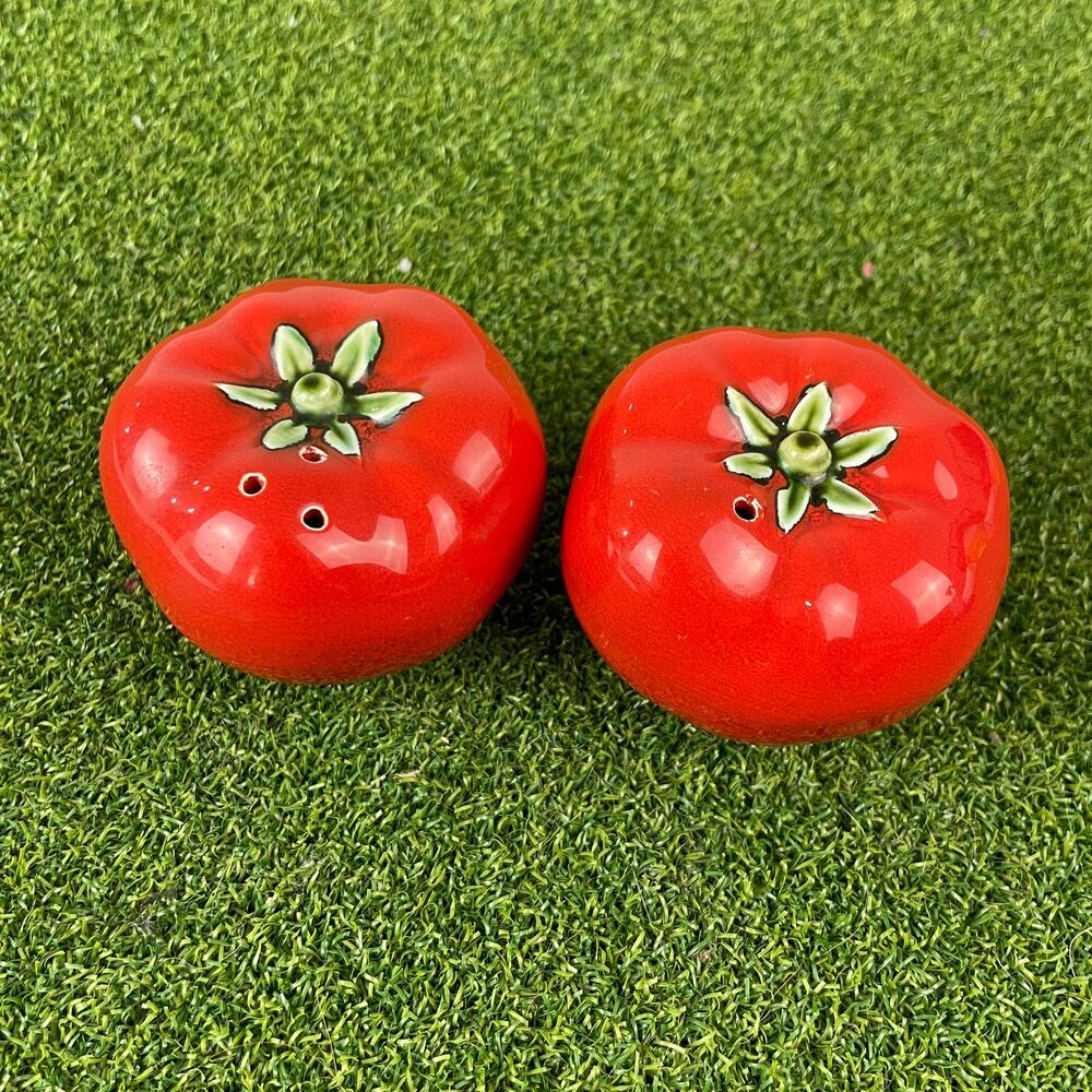 Vintage Set Ripe Tomato Glossy Red Ceramic Salt and Pepper Shakers
